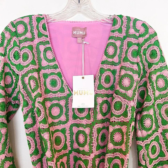 Show Me Your Mumu Treasure Green Pink Crochet Bell Sleeve Mini Dress XS NWT - Picture 4 of 11